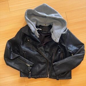 BLANKNYC Women’s Black Leather Jacket with Removable Gray Hood